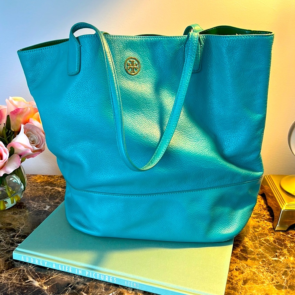 Tory Burch authentic aqua blue leather tote with green interior